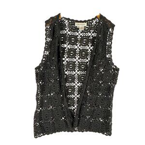 Karen Kane Black Womens L Crochet Open Front Vest W Whimsigoth Festival Boho